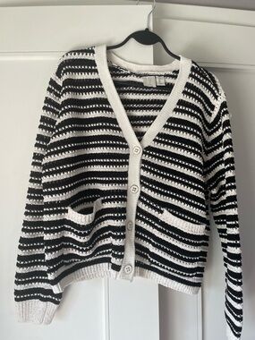 Joie Black & White Striped V-Neck Button Cardigan gold accents